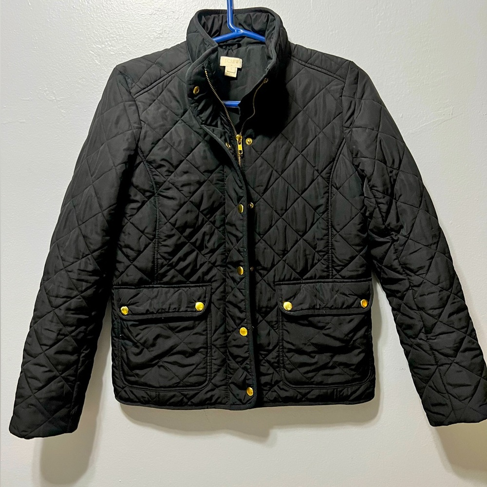 J CREW Black quilted jacket, gold buttons,